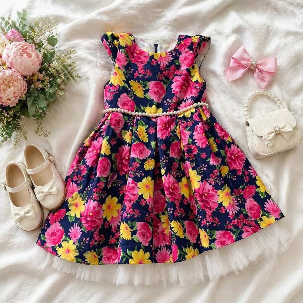 American Princess Girls Floral Dress Size 6 Navy Pink Yellow Easter Wedding EUC
